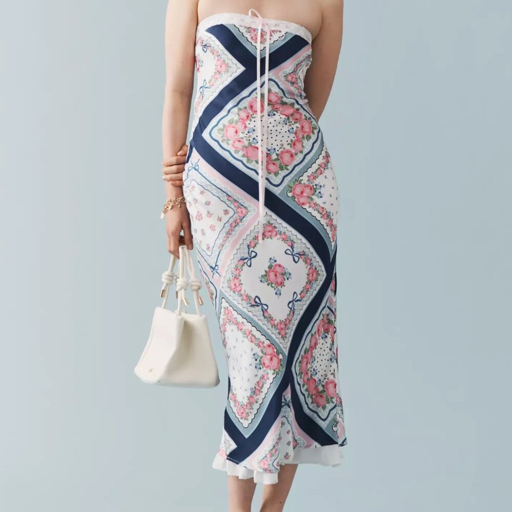 For Love & Lemons Daisy Mae Midi Dress Blue Pattern XL